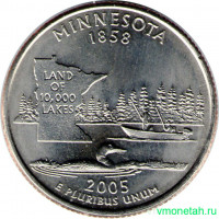 Монета. США. 25 центов 2005 год. Штат № 32 Миннесота. Монетный двор D.