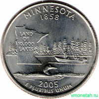 Монета. США. 25 центов 2005 год. Штат № 32 Миннесота. Монетный двор P.