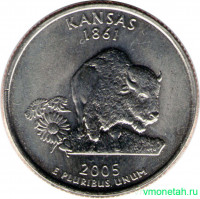Монета. США. 25 центов 2005 год. Штат № 34 Канзас. Монетный двор D.
