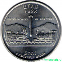 Монета. США. 25 центов 2007 год. Штат № 45 Юта. Монетный двор D.