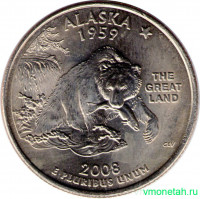 Монета. США. 25 центов 2008 год. Штат № 49 Аляска. Монетный двор D.