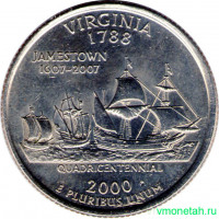 Монета. США. 25 центов 2000 год. Штат № 10 Вирджиния. Монетный двор D.