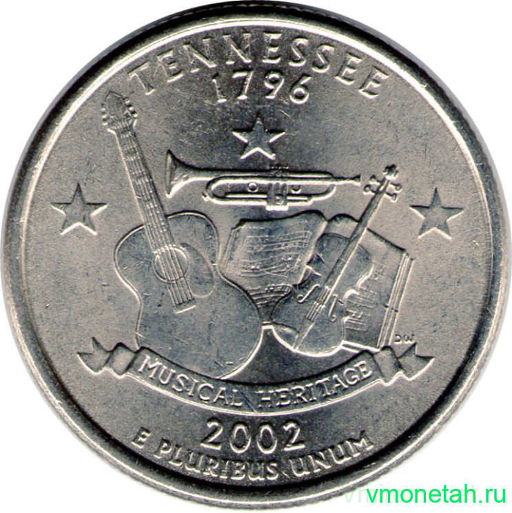 Монета. США. 25 центов 2002 год. Штат № 16 Теннесси. Монетный двор D.