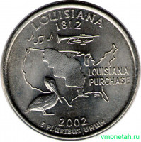 Монета. США. 25 центов 2002 год. Штат № 18 Луизиана. Монетный двор D.