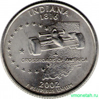 Монета. США. 25 центов 2002 год. Штат № 19 Индиана. Монетный двор D.