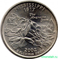 Монета. США. 25 центов 2002 год. Штат № 20 Миссисипи. Монетный двор D.