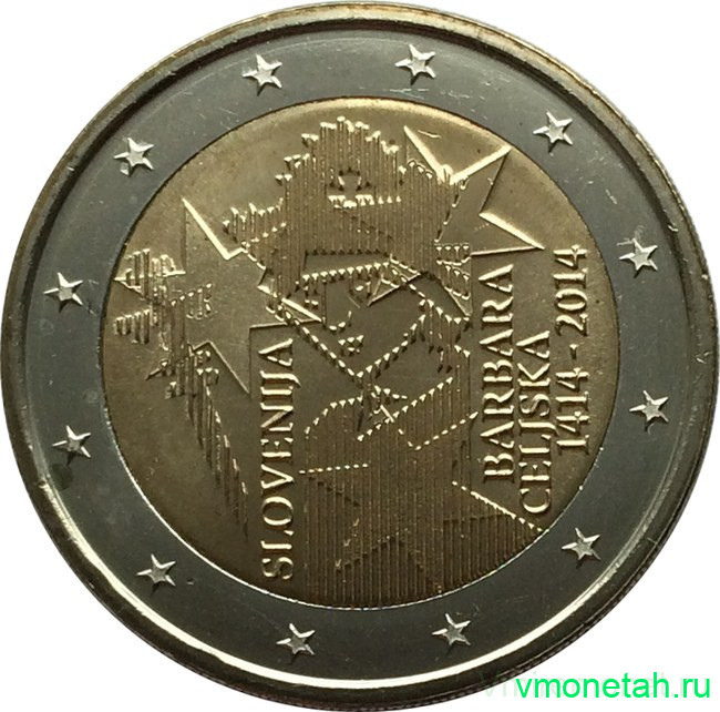 Монета. Словения. 2 евро 2014 год. Барбара Цилли.