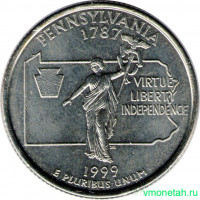 Монета. США. 25 центов 1999 год. Штат № 2 Пенсильвания. Монетный двор D.