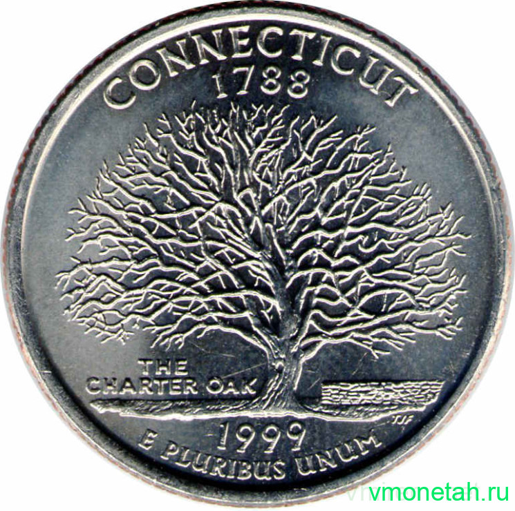 Монета. США. 25 центов 1999 год. Штат № 5 Коннектикут. Монетный двор D.
