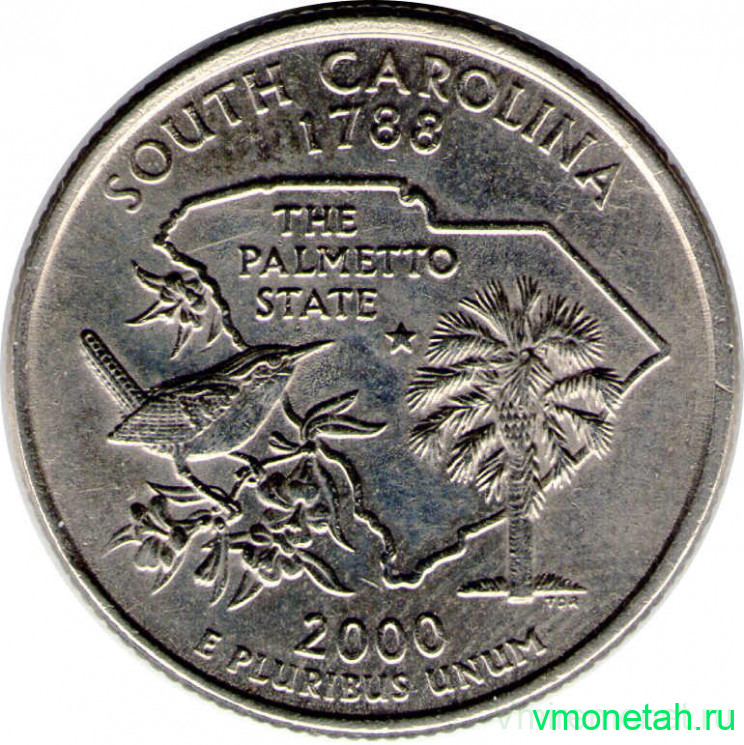 Монета. США. 25 центов 2000 год. Штат № 8 Южная Каролина. Монетный двор D.