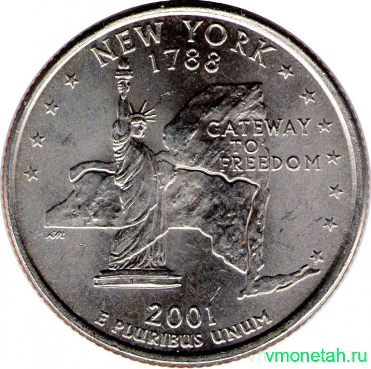 Монета. США. 25 центов 2001 год. Штат № 11 Нью-Йорк. Монетный двор D.