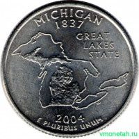 Монета. США. 25 центов 2004 год. Штат № 26 Мичиган. Монетный двор D.