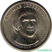 Монета. США. 1 доллар 2007 год. Президент США № 3, Томас Джефферсон. Монетный двор P.